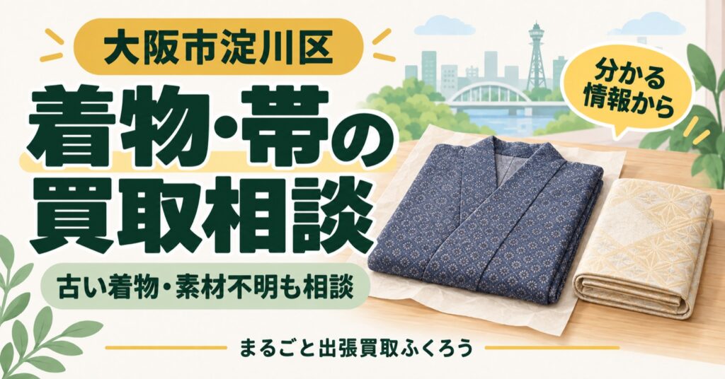 たたんだ着物と帯を並べ、着物・帯の買取相談を案内するイラスト