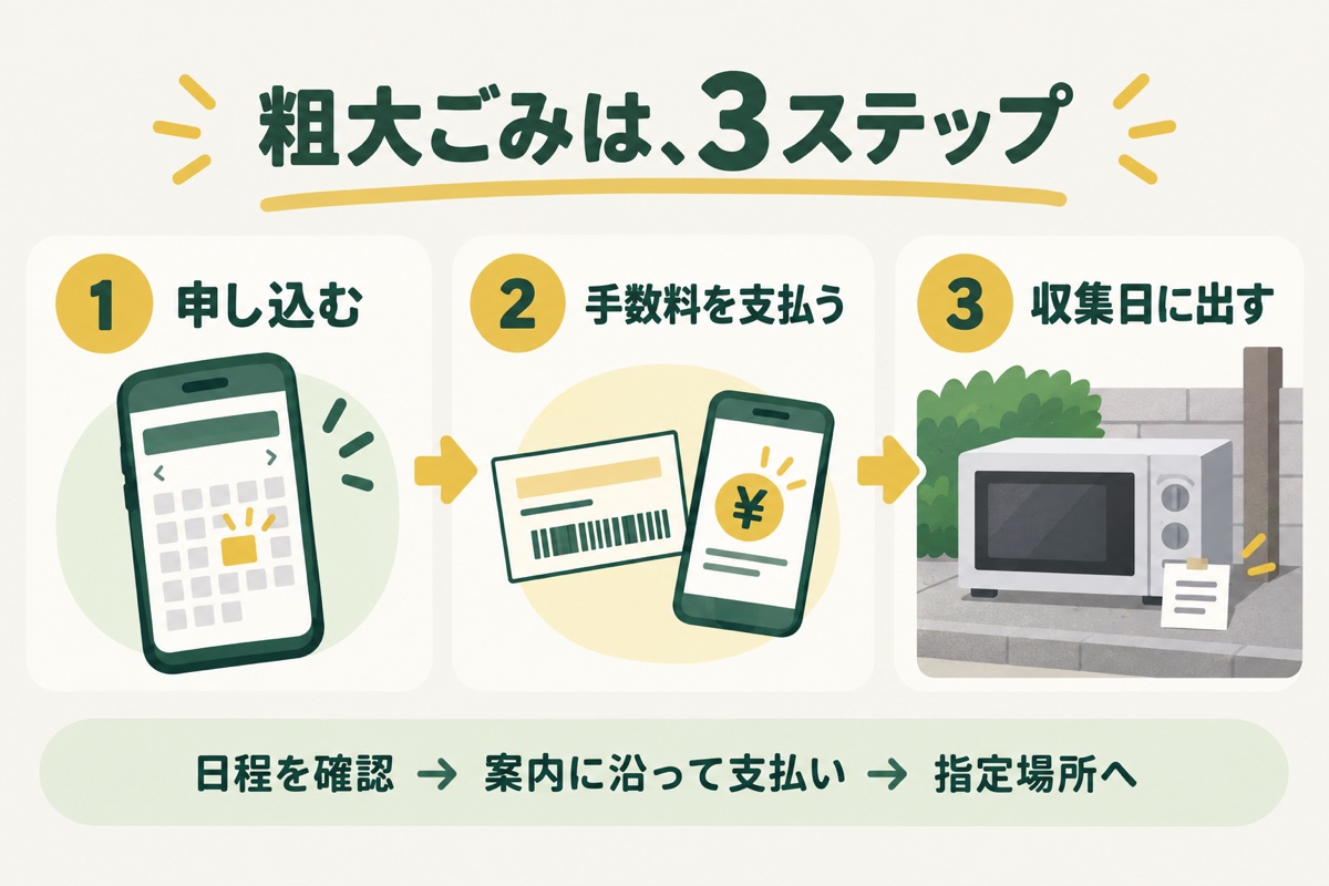 大阪市の粗大ごみを申し込む、手数料を支払う、収集日に指定場所へ出す3ステップ