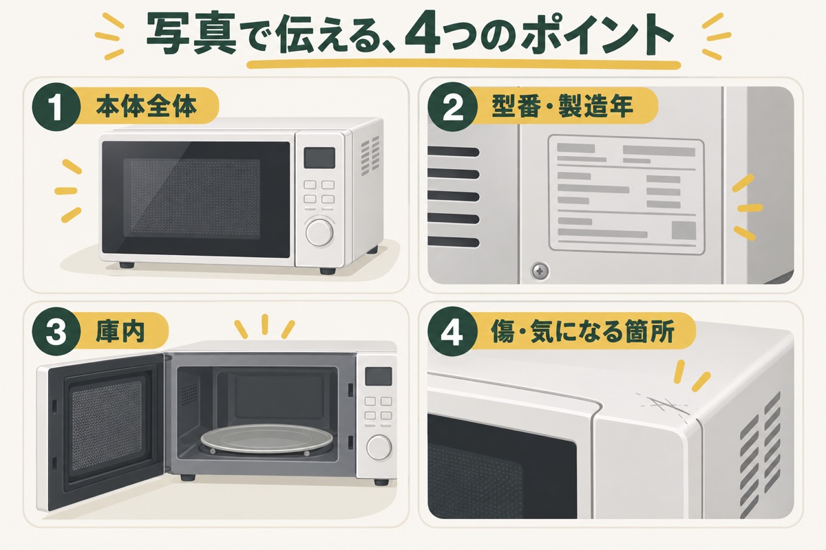 電子レンジの写真相談で撮影する本体全体、型番・製造年、庫内、傷や気になる箇所の4点