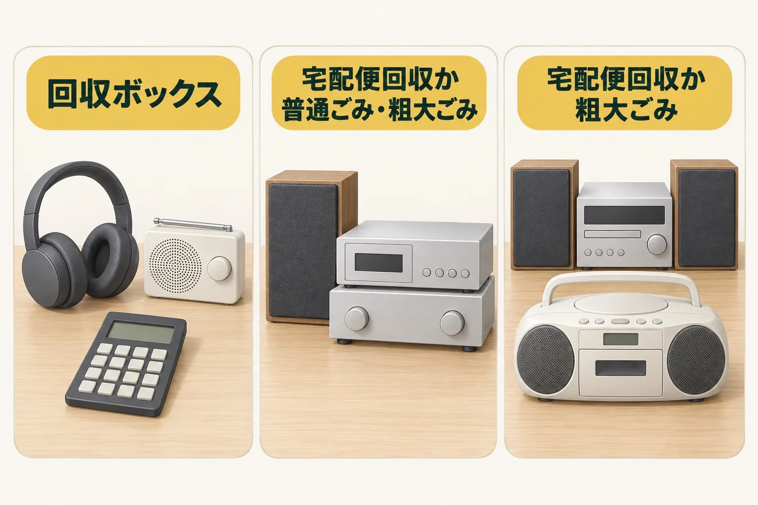 大阪市でのオーディオ機器の出し先を、「回収ボックス」「宅配便回収か、普通ごみ・粗大ごみ」「宅配便回収か粗大ごみ」の3つのグループに分けた説明図