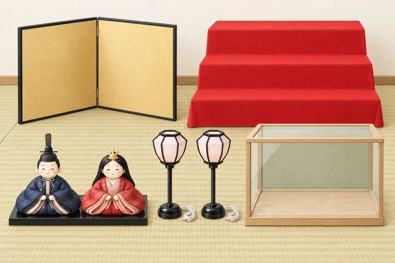 ひな人形の段飾りを、人形・台・屏風・ぼんぼり・ケースに分けて示す説明イラスト