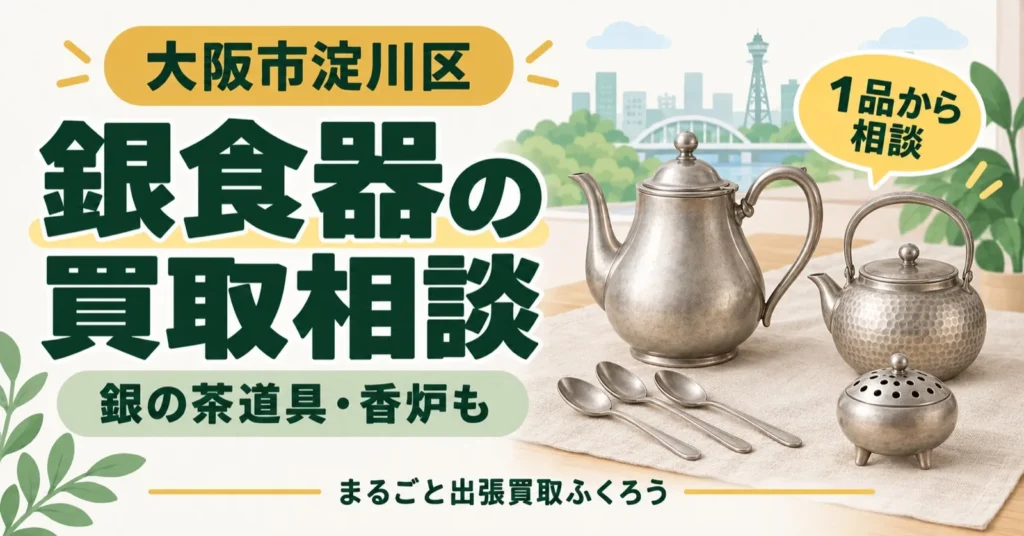 布の上に並べた銀のスプーンとティーポット、銀瓶、小さな香炉のイラスト