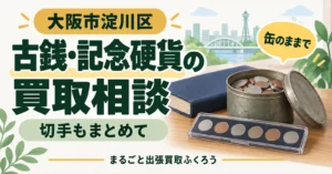 ふたを開けた缶に入った硬貨と、閉じた切手のアルバム、硬貨のケースのイラスト
