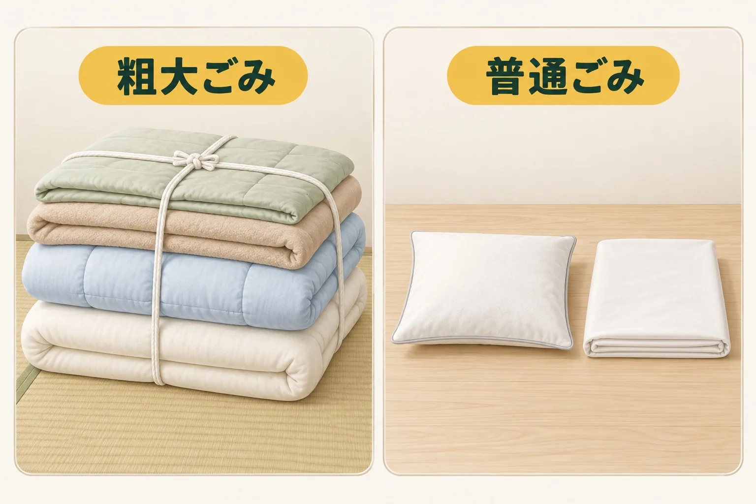 粗大ごみと普通ごみの2つの枠に、束ねた布団と小さな枕・シーツを分けて描いた図