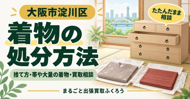 和だんすの引き出しから出した、たとう紙に包まれた着物と帯のイラスト