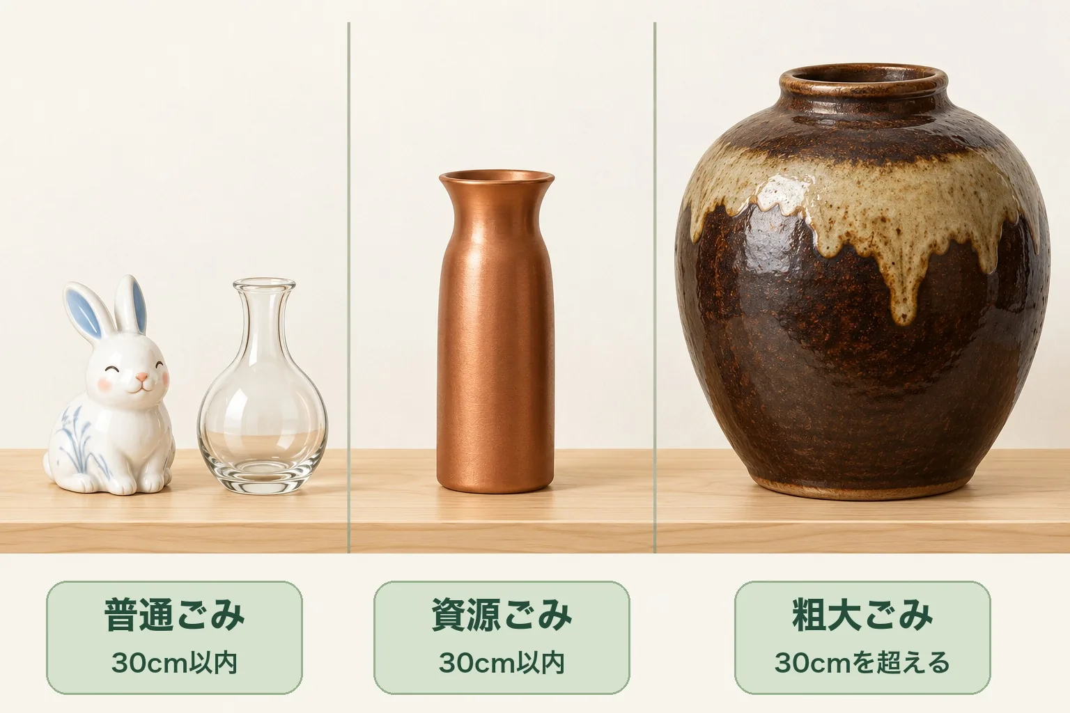 30cm以内の陶器の置物とガラスの花瓶は普通ごみ、金属の花瓶は資源ごみ、30cmを超える壺は粗大ごみに分けたイラスト