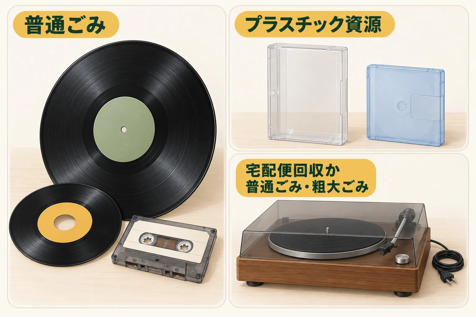 レコードとカセットテープは普通ごみ、カセット・MDのケースはプラスチック資源、プレーヤーは宅配便回収か普通ごみ・粗大ごみに分けたイラスト