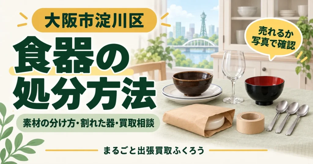 食器棚の前のテーブルで、陶器の皿・ガラスのグラス・漆のお椀・金属のスプーンを素材ごとに分け、割れた器を厚紙で包んでいるイラスト